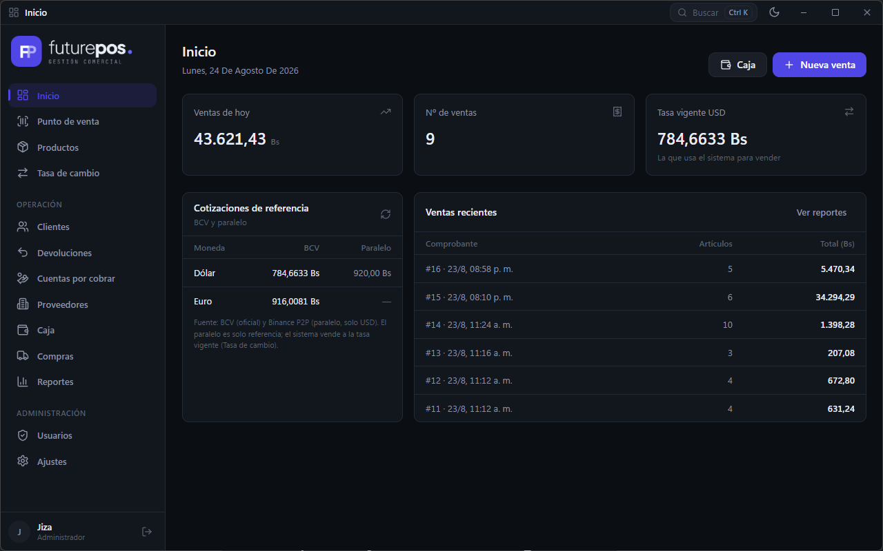 Pantalla de inicio de FuturePOS con las ventas del día, tickets, ticket promedio y tasa BCV